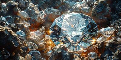 A large diamond is resting on a heap of various diamonds photo