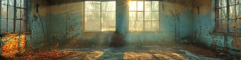 A room filled with numerous windows and scattered leaves on the floor photo
