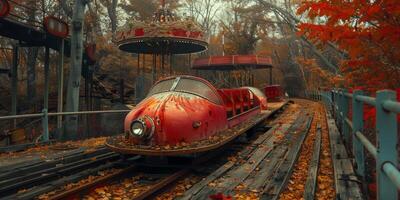 An old roller coaster sits on a track, surrounded by autumn leaves photo