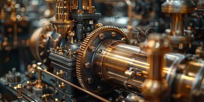 A close up image of a machine showing many gears in intricate detail photo