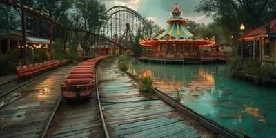 Enjoy a roller coaster ride on train tracks at an amusement park photo