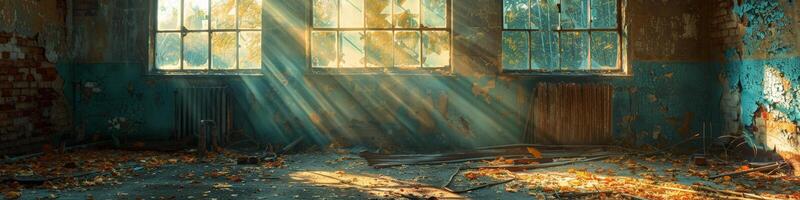 Sun rays shine into empty structure through window panes photo