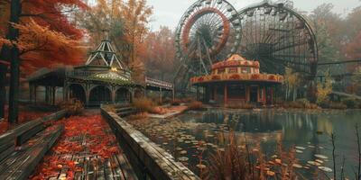 Abandoned amusement park in autumn with ferris wheel photo
