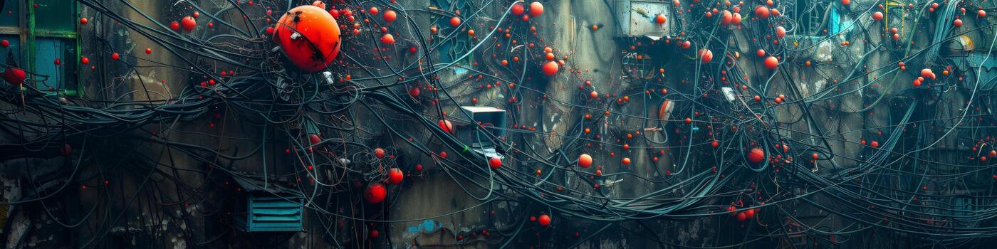 A bunch of red balloons are hanging from a chain on a wall. Red photo
