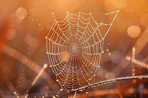 A detailed view of a spider web covered in water droplets photo