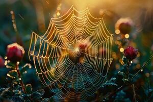 The spider web covered in water droplets is nestled among blooming flowers photo