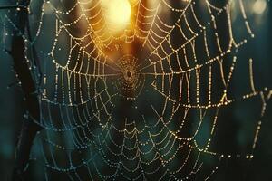 A detailed view of a spider web adorned with water droplets under soft lighting photo