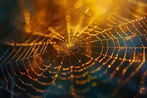 The image shows a detailed view of a spider web covered in water droplets photo