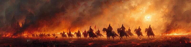 A group of individuals riding horses in a field engulfed by flames photo