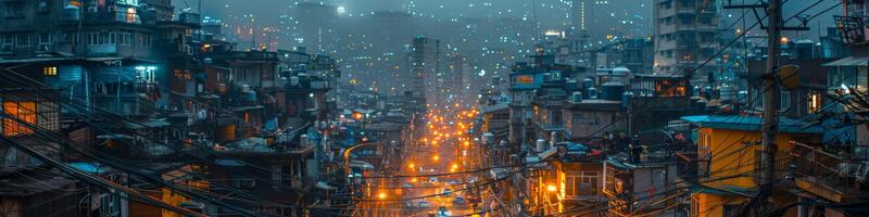 The city street is illuminated at night with numerous lights and tall buildings photo