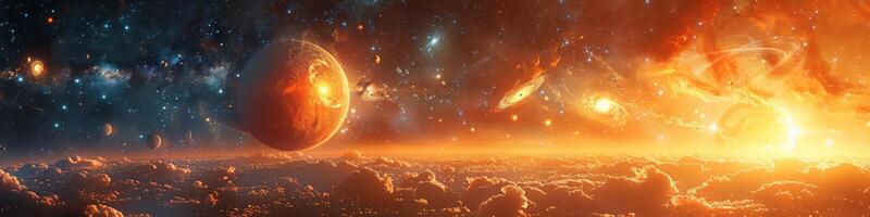 A planet in a galaxy with a city in the foreground photo