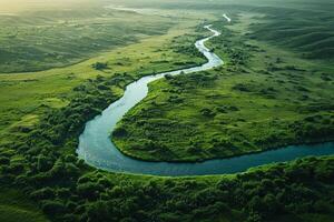 A river cuts through a verdant field in an aerial perspective photo