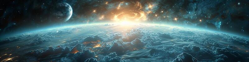 Earth view from space with sun shining through clouds photo