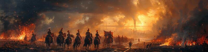 A painting depicts soldiers on horseback in a fiery field under the sky photo
