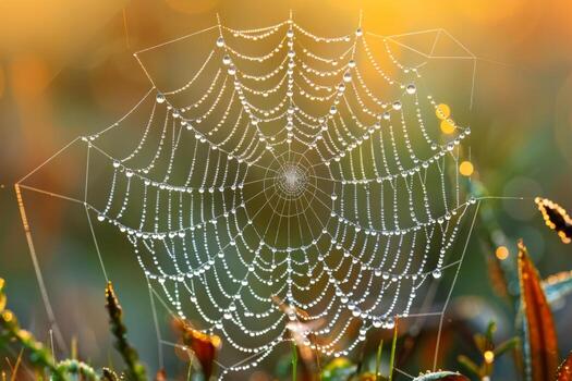 A spider web with water drops on it found in the grass photo