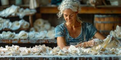 A woman in the factory is occupied with producing soap photo