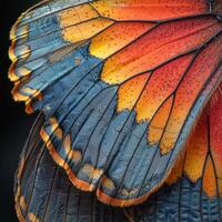 The image shows the beautiful details of a colorful butterfly wing in closeup photo