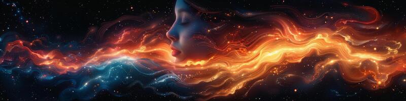 Painting of a womans face with a galaxy in the background photo