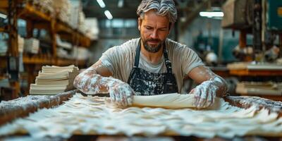 A man in an apron making dough in a factory with wood floors photo
