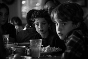 Monochrome image of kids sitting at a table in jackets under dim light photo