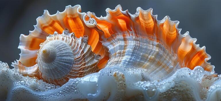 A detailed view of a seashell resting on the sandy shore photo