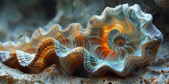 A spiral shell is resting on the sandy beach, near the water photo