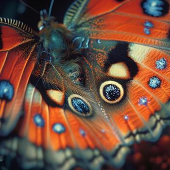 A close up image depicting the wings of a butterfly adorned with blue spots photo