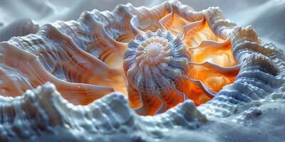 A close up photograph of a sea shell on a sandy beach photo
