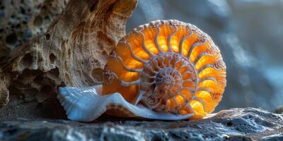 A detailed view of an ammonite shell resting on a rock photo