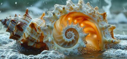Sea shell has spiral structure like marine invertebrates in water photo