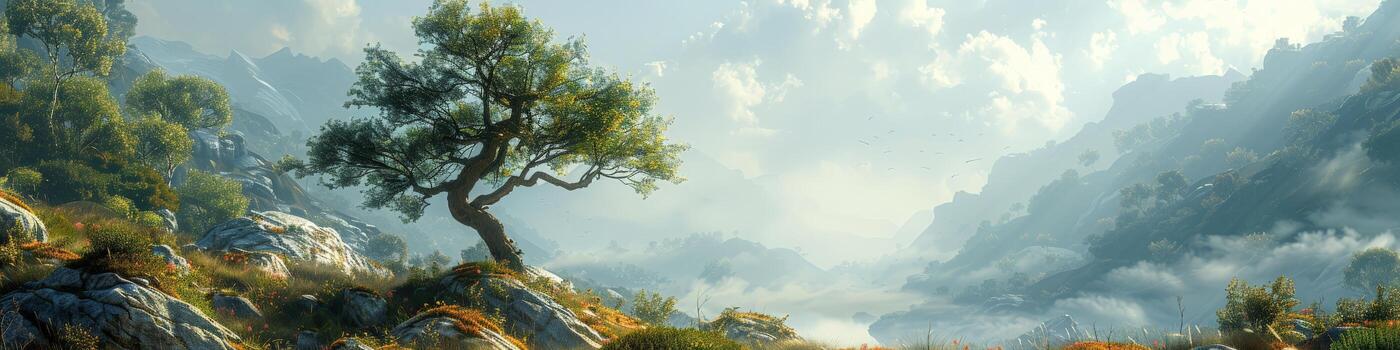 A tree grows on a rocky hillside in the mountains against clouds and sky photo