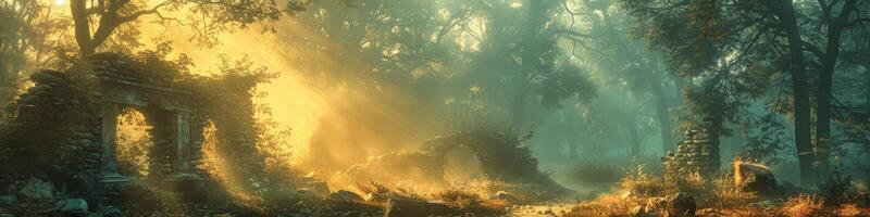 The sun is casting light through the trees in a misty woodland photo