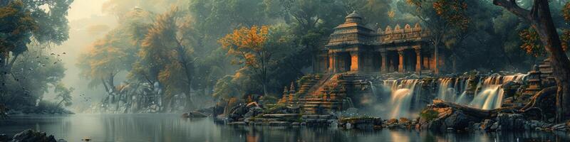 A serene forest waterfall with a temple in the background is picturesque photo