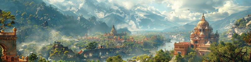 A city in a green forest with mountains in the background photo