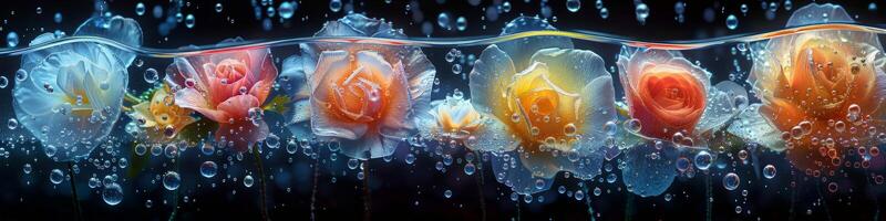 Flowers float in water, bubbles coming out of them photo