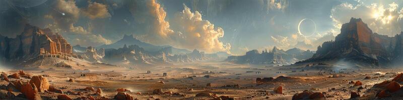 Computergenerated desert landscape with mountains in background photo