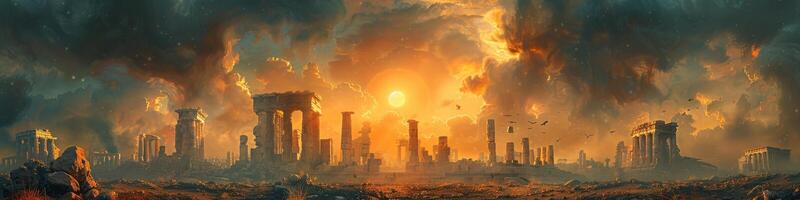 A city in ruins with the sun setting in the background photo