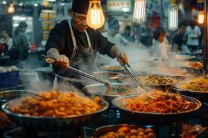 A man wearing an apron is preparing food at a market photo