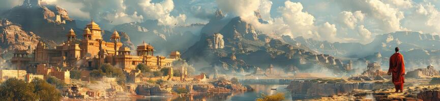Man in red robe by mountain castle in natural landscape photo