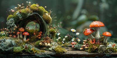 Fairy house made from tree trunk decorated with mushrooms and flowers photo