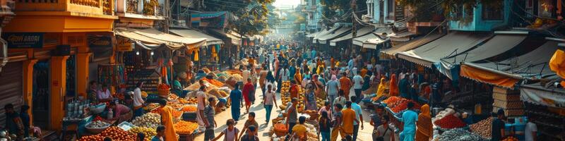 A crowd of people are bustling down a lively city street photo