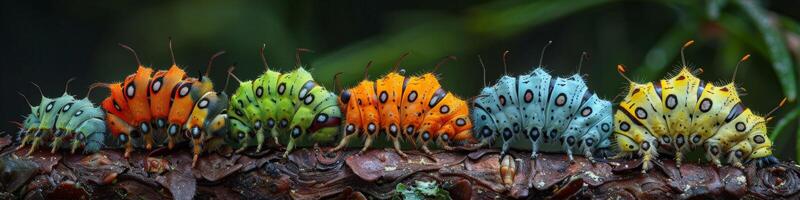 A row of colorful caterpillars crawling on a branch in a natural environment photo