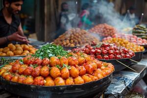 A man is standing behind a table full of various types of food and produce photo