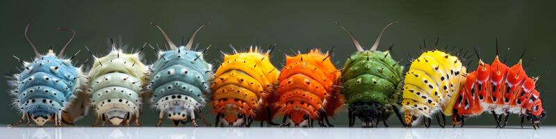 A row of vibrant caterpillars on a white surface, creating a colorful display photo