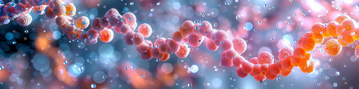 A computer generated image of a molecule with water drops on it, closeup photo