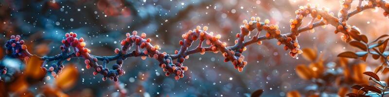 Computer generated DNA strand with leaves in the background photo