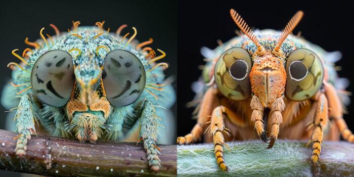 Arthropod and insect on branch and plant in closeup macro photography photo