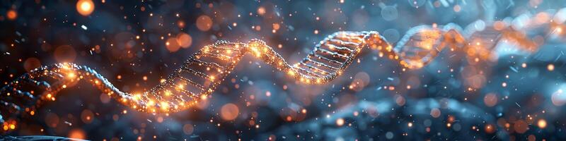 A 3d rendering of a DNA strand composed of particles in a dark space photo
