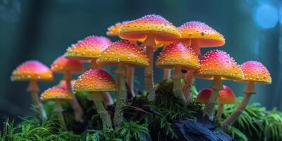 A variety of mushrooms are emerging from a lush mosscovered rock photo