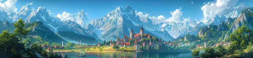 Castle painting in middle of lake with mountains in background photo